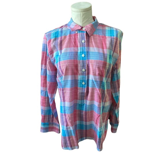 J Crew Classic Pink Light Blue Plaid 1/2 Button Down Size 10 - Picture 1 of 3